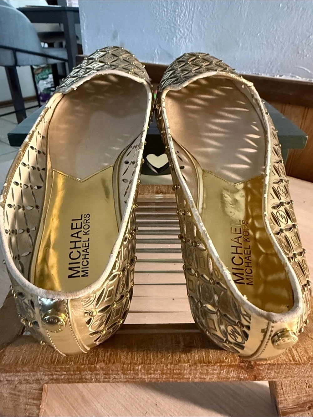 Michael Kors Gabriella Metallic Gold Perforated Logo Flats
